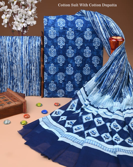 Designer Hand Block Print Cotton Suit Set with Mulmul Dupatta(WACOTMU151)
