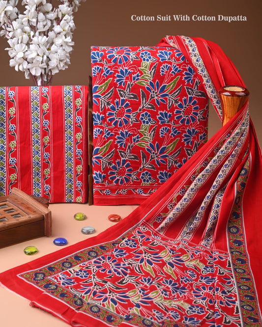 Designer Hand Block Print Cotton Suit Set with Mulmul Dupatta(WACOTMU152)