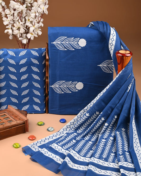 Designer Hand Block Print Cotton Suit Set with Mulmul Dupatta(WACOTMU154)