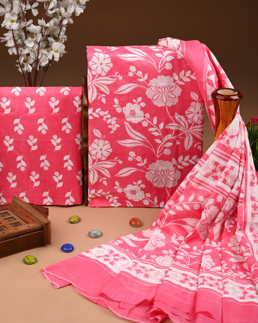 Designer Hand Block Print Cotton Suit Set with Mulmul Dupatta(WACOTMU158)