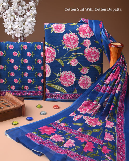 Designer Hand Block Print Cotton Suit Set with Mulmul Dupatta(WACOTMU156)