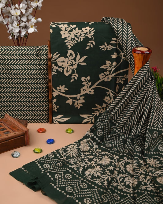 Designer Hand Block Print Cotton Suit Set with Mulmul Dupatta(WACOTMU160)