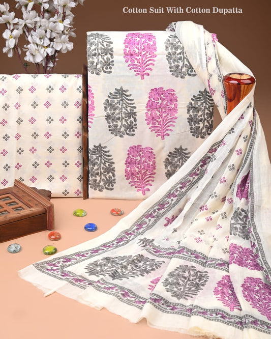 Designer Hand Block Print Cotton Suit Set with Mulmul Dupatta(WACOTMU159)