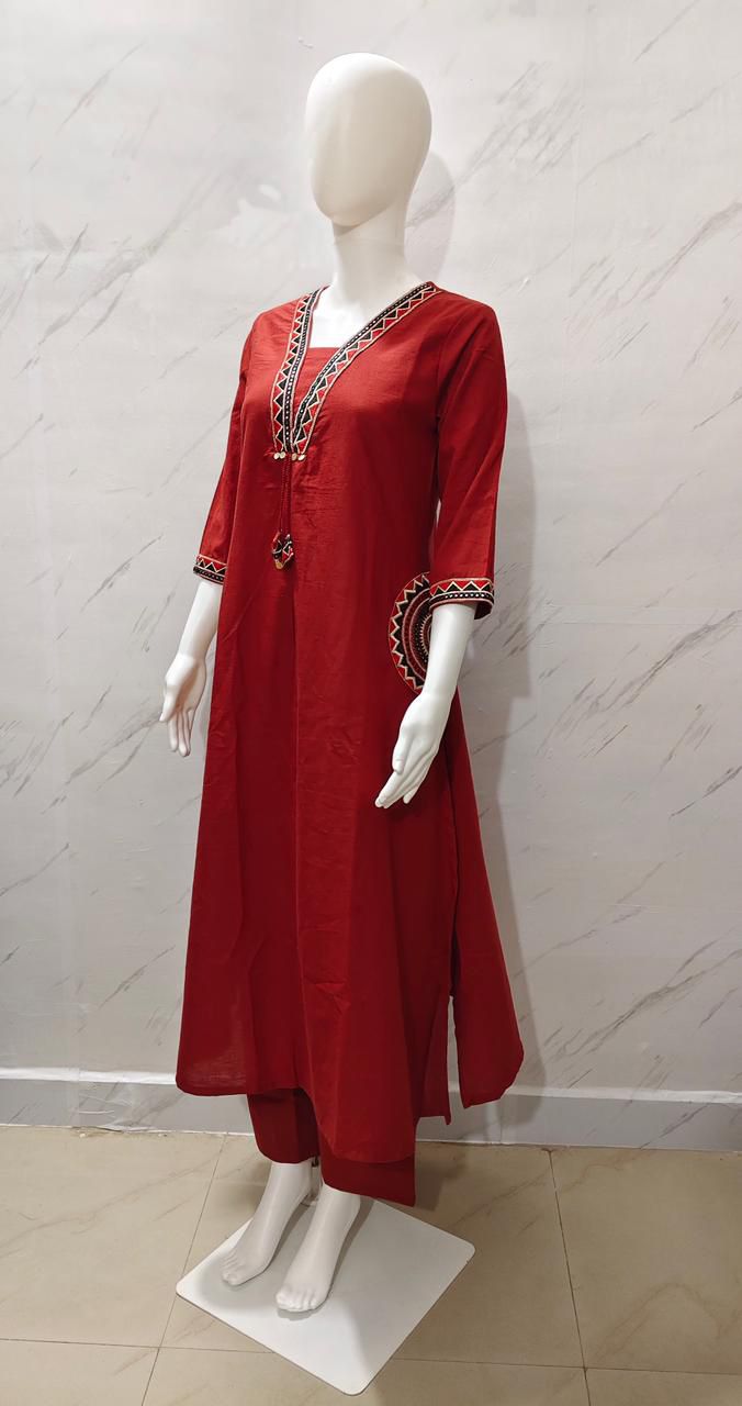 🌹🌹 fine Cotton flex fabric beautiful embroidery on neck, sleeves, pocket Kurti with plazo with cotton cotton flex🌹🌹 (SWSK03)