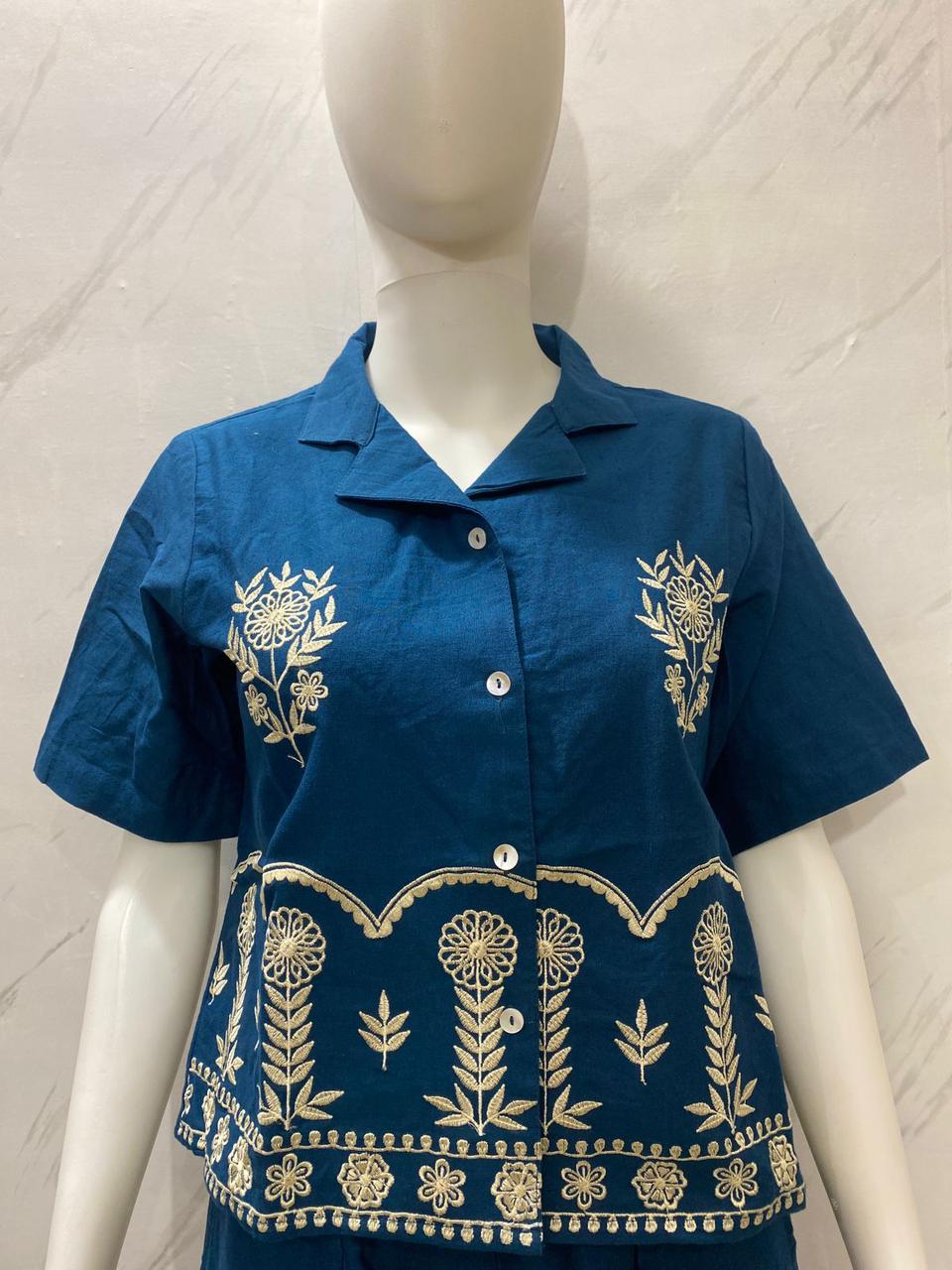 Designer Cotton Co-ord Set Shirt With Elegant Thread Embroidery Paired Flared Plazoo With Embroidery & Pockets (SWSK17)