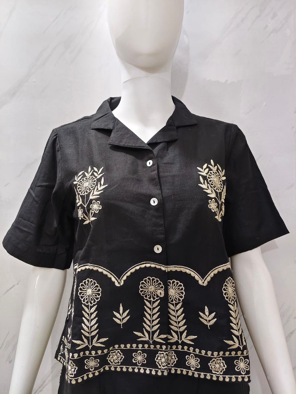 Designer Cotton Co-ord Set Shirt With Elegant Thread Embroidery Paired Flared Plazoo With Embroidery & Pockets (SWSK17)