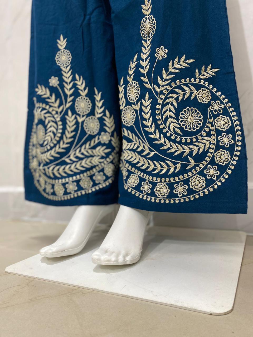 Designer Cotton Co-ord Set Shirt With Elegant Thread Embroidery Paired Flared Plazoo With Embroidery & Pockets (SWSK17)