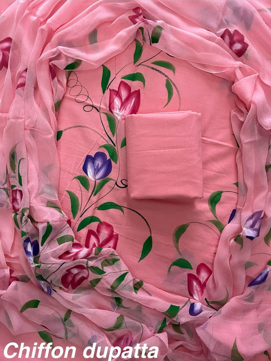 New Premium Hand Block Print Cotton Suit Set with Chiffon Dupatta(WACFCOTMU58)