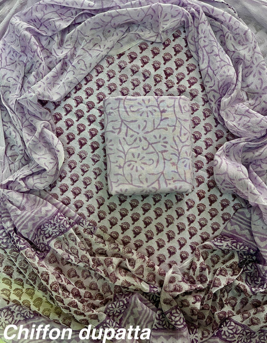 New Premium Hand Block Print Cotton Suit Set with Chiffon Dupatta(WACFCOTMU56)