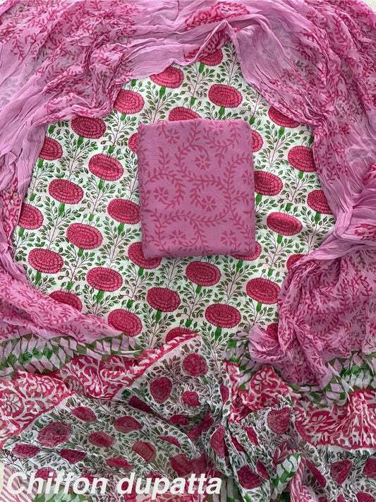 New Premium Hand Block Print Cotton Suit Set with Chiffon Dupatta(WACFCOTMU53)