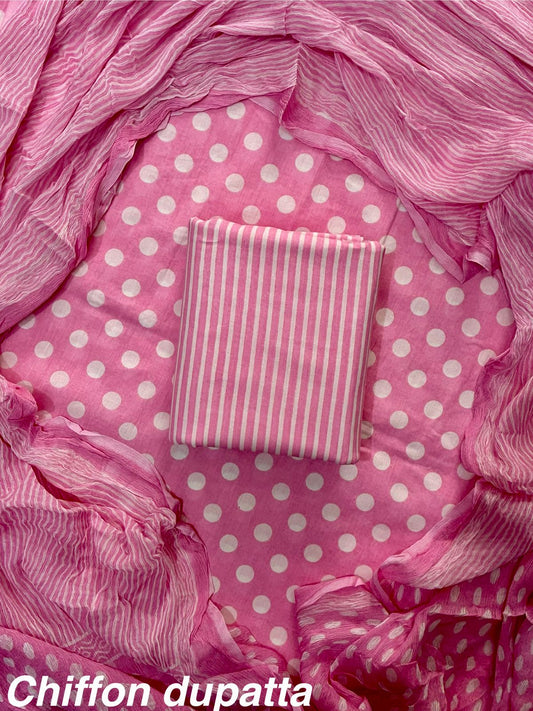 New Premium Hand Block Print Cotton Suit Set with Chiffon Dupatta(WACFCOTMU52)