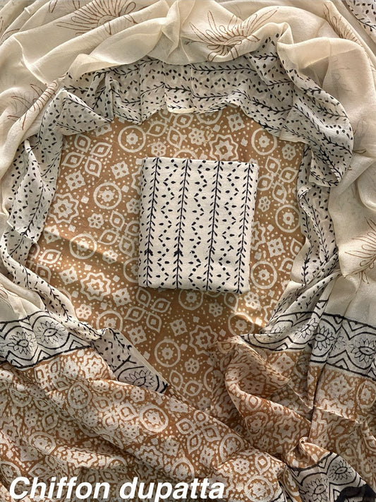 New Premium Hand Block Print Cotton Suit Set with Chiffon Dupatta(WACFCOTMU50)