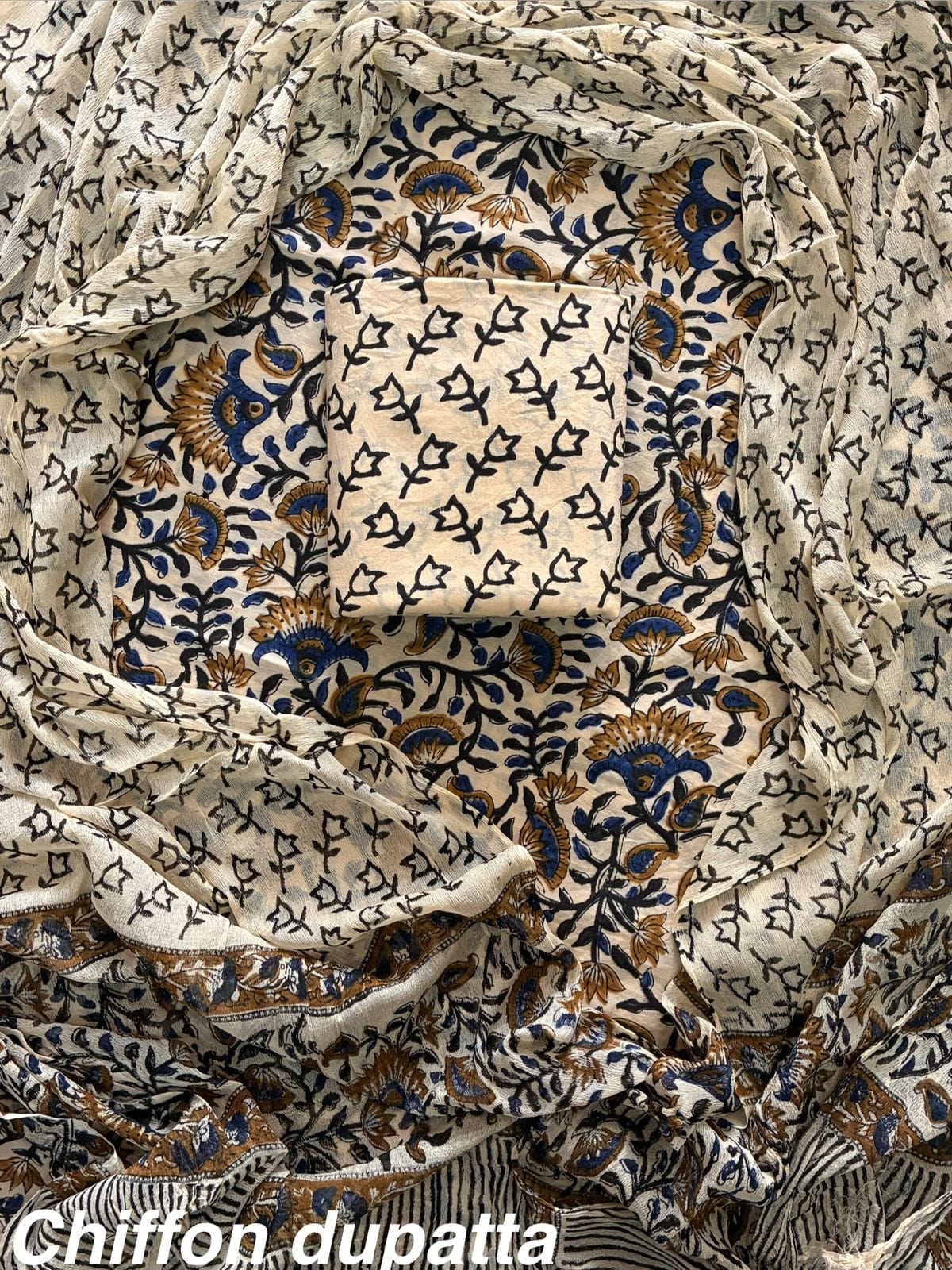 ELEGANT HAND BLOCK PRINT COTTON SUIT SET WITH CHIFFON DUPATTA(WACFCOTMU48)