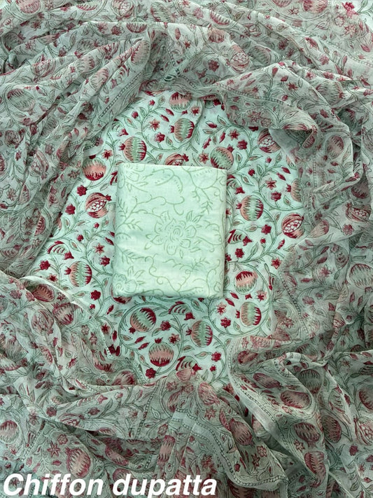 JAAL HAND BLOCK PRINT COTTON SUIT SET WITH CHIFFON DUPATTA(WACFCOTMU46)