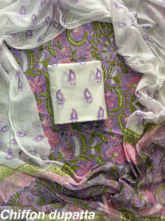 JAAL HAND BLOCK PRINT COTTON SUIT SET WITH CHIFFON DUPATTA(WACFCOTMU45)