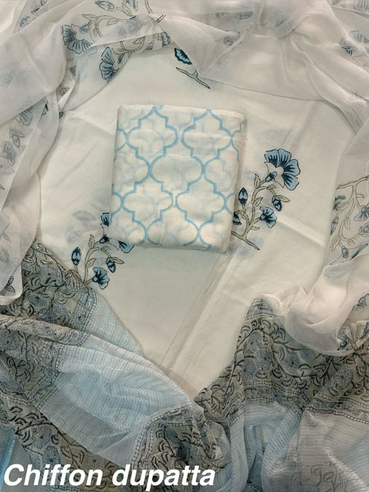 JAAL HAND BLOCK PRINT COTTON SUIT SET WITH CHIFFON DUPATTA(WACFCOTMU41)