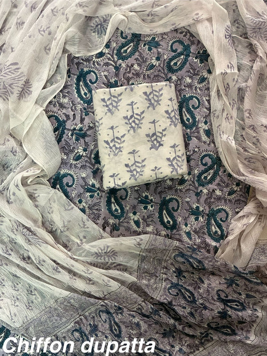 JAAL HAND BLOCK PRINT COTTON SUIT SET WITH CHIFFON DUPATTA(WACFCOTMU39)