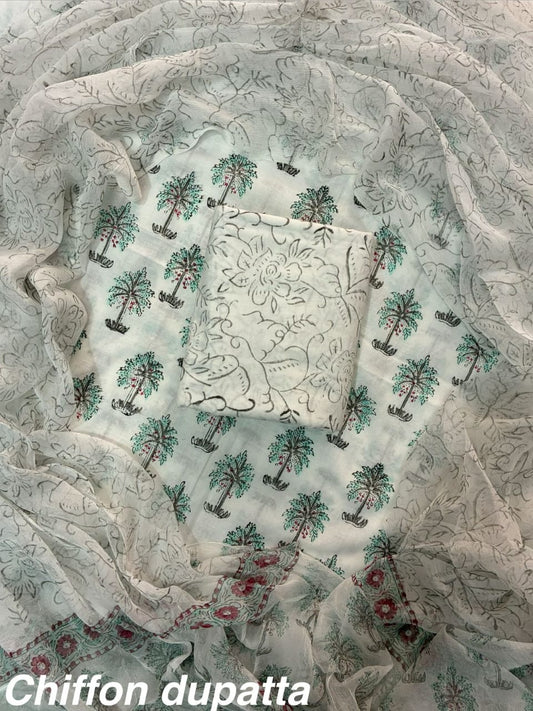 JAAL HAND BLOCK PRINT COTTON SUIT SET WITH CHIFFON DUPATTA(WACFCOTMU37)