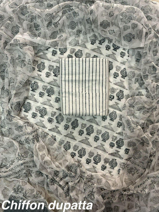 JAAL HAND BLOCK PRINT COTTON SUIT SET WITH CHIFFON DUPATTA(WACFCOTMU09)