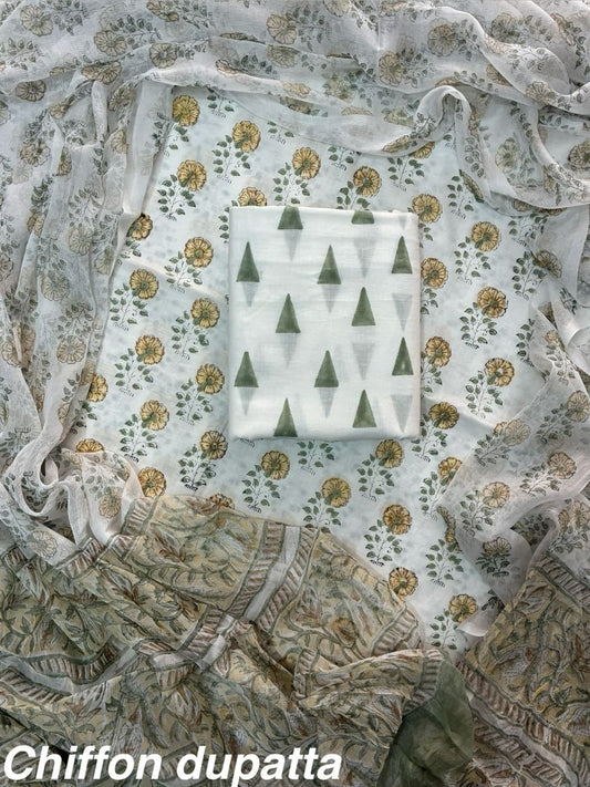 JAAL HAND BLOCK PRINT COTTON SUIT SET WITH CHIFFON DUPATTA(WACFCOTMU02)