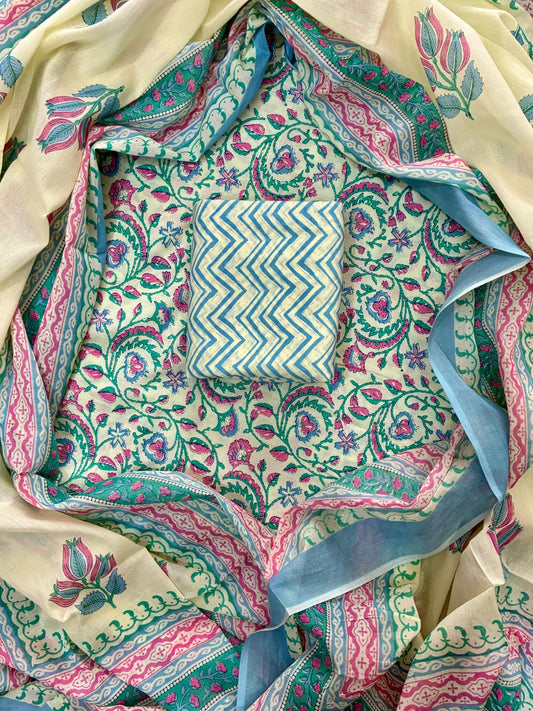 ELEGANT HAND BLOCK PRINT COTTON SUIT SET WITH MULMUL DUPATTA(WACOTMU02)