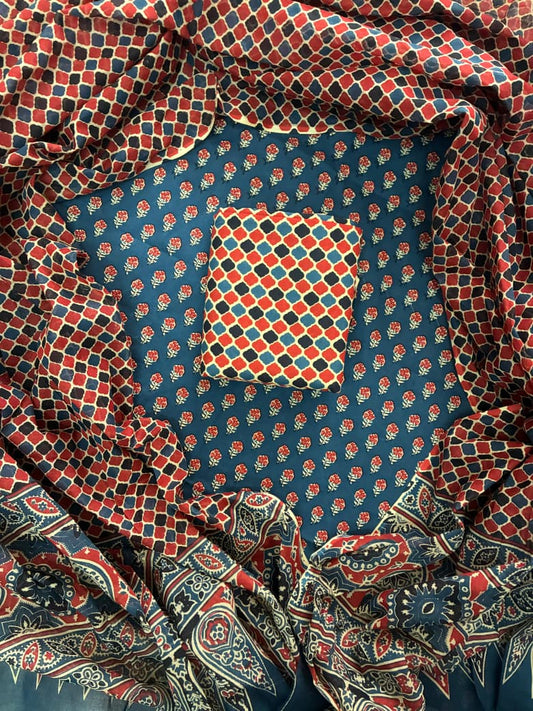 ELEGANT HAND BLOCK PRINT COTTON SUIT SET WITH MULMUL DUPATTA(WACOTMU01)