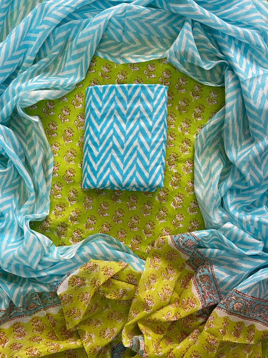 ELEGANT HAND BLOCK PRINT COTTON SUIT SET WITH MULMUL DUPATTA(WACOTMU03)