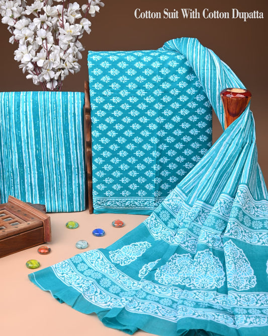 ELEGANT HAND BLOCK PRINT COTTON SUIT SET WITH MULMUL DUPATTA(WACOTMU101)