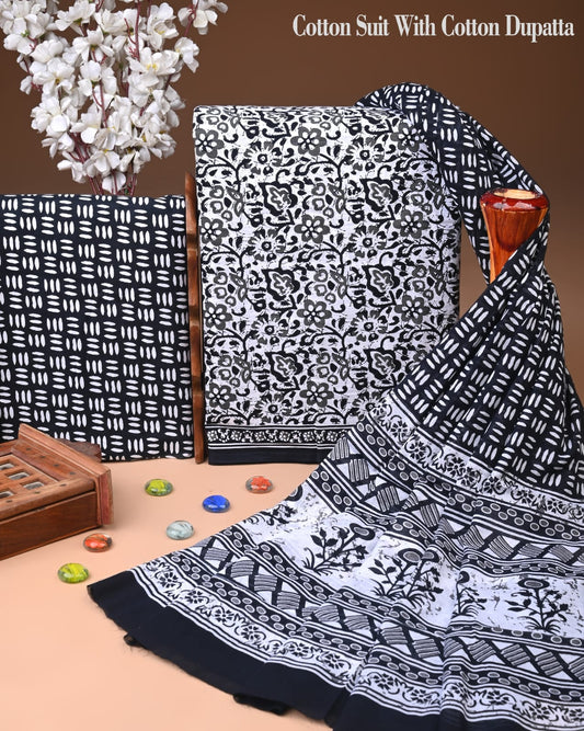 ELEGANT HAND BLOCK PRINT COTTON SUIT SET WITH MULMUL DUPATTA(WACOTMU102)