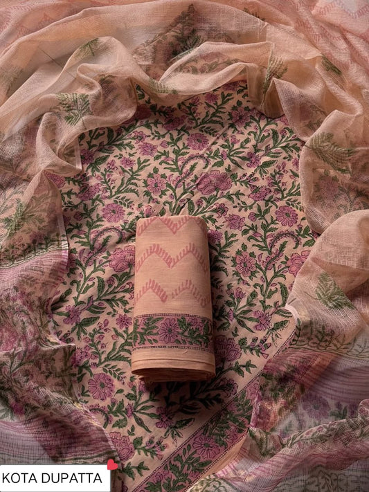 Premium Hand Block Print Cotton Suit Set with Kota Doria Dupatta(WAKOTMU02)