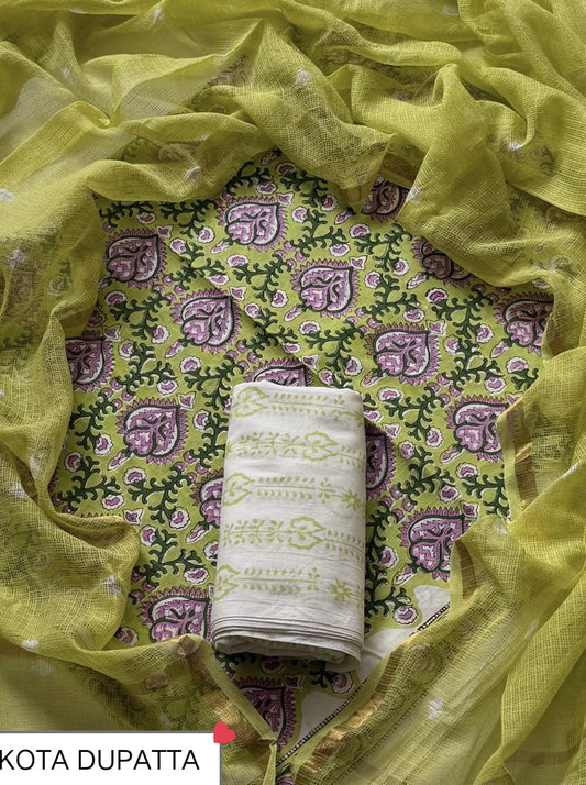 DESIGNER HAND BLOCK PRINT COTTON SUIT SET WITH KOTA DORIA DUPATTA  (WAKOTMU15)