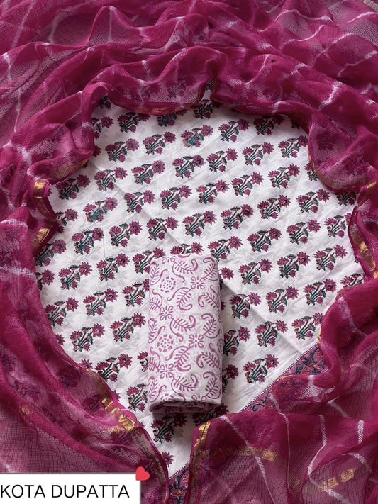 DESIGNER HAND BLOCK PRINT COTTON SUIT SET WITH KOTA DORIA DUPATTA (WAKOTMU16)