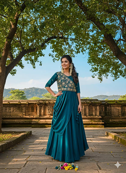Look As Charming As This Beautiful Unique Style Pre-Draped Saree-anakarli With Beautiful Embroidery, Blouse Epitomizes Party-Ready Chic.(RRRD36)
