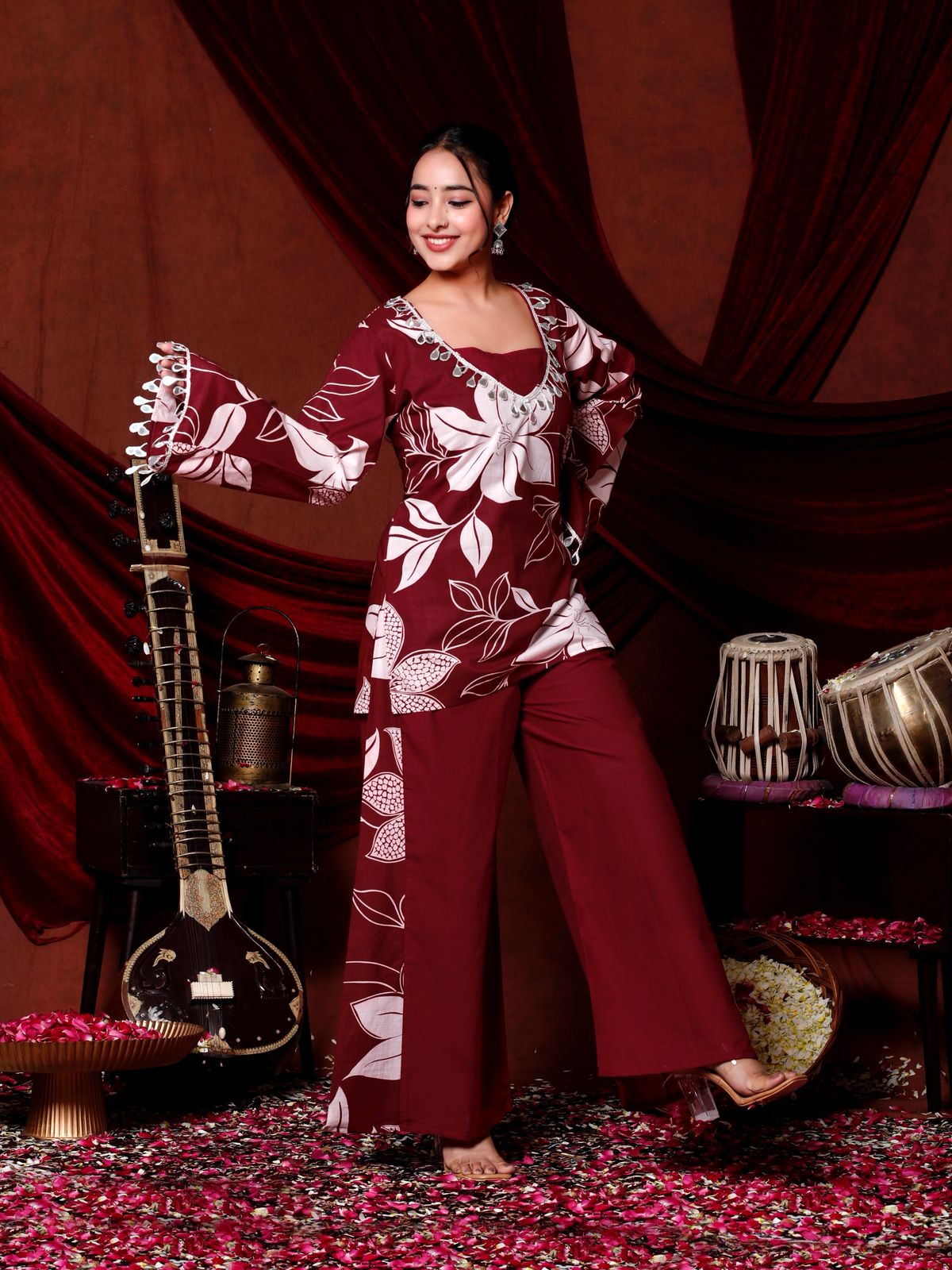 💕💕Adorn Yourself in Festive Elegance with this Stunning Maroon Floral Coord Set🌸🌸 (RRRD37)