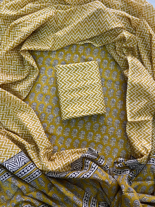 ELEGANT HAND BLOCK PRINT COTTON SUIT SET WITH MULMUL DUPATTA(WACOTMU17)