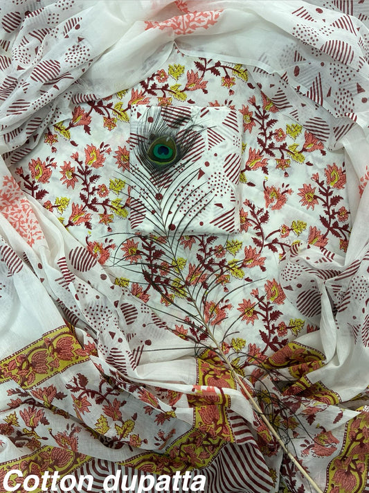 ELEGANT HAND BLOCK PRINT COTTON SUIT SET WITH MULMUL DUPATTA(WACOTMU22)