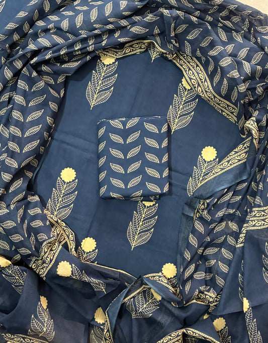 ELEGANT HAND BLOCK PRINT COTTON SUIT SET WITH MULMUL DUPATTA(WACOTMU25)