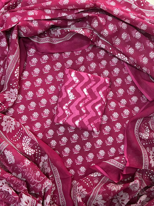 ELEGANT HAND BLOCK PRINT COTTON SUIT SET WITH MULMUL DUPATTA(WACOTMU34)