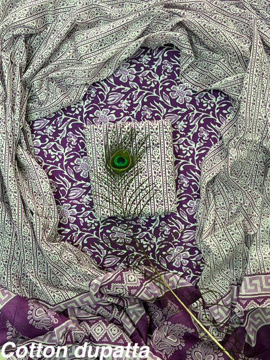 ELEGANT HAND BLOCK PRINT COTTON SUIT SET WITH MULMUL DUPATTA(WACOTMU35)