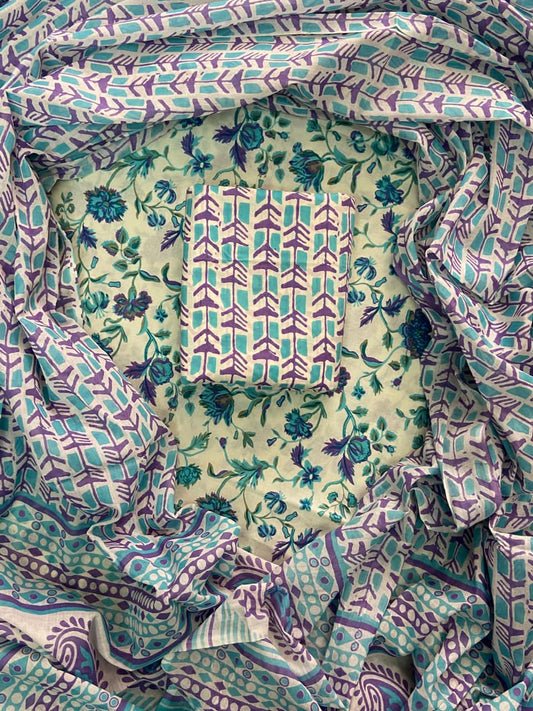 ELEGANT HAND BLOCK PRINT COTTON SUIT SET WITH MULMUL DUPATTA(WACOTMU42)