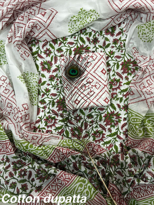 ELEGANT HAND BLOCK PRINT COTTON SUIT SET WITH MULMUL DUPATTA(WACOTMU02)