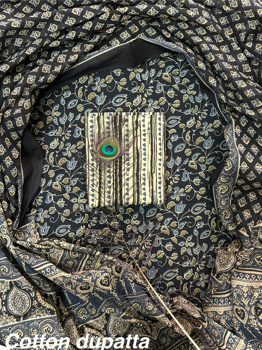 Designer Hand Block Print Cotton Suit Set with Mulmul Dupatta(WACOTMU114)