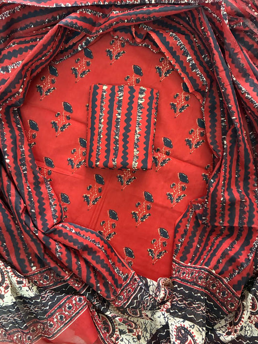 Designer Hand Block Print Cotton Suit Set with Mulmul Dupatta(WACOTMU116)
