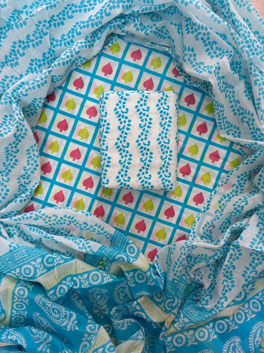Designer Hand Block Print Cotton Suit Set with Mulmul Dupatta(WACOTMU121)