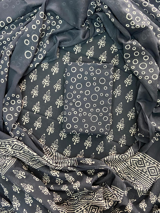 Designer Hand Block Print Cotton Suit Set with Mulmul Dupatta(WACOTMU123)