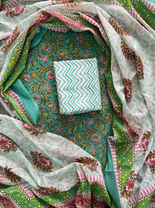 Designer Hand Block Print Cotton Suit Set with Mulmul Dupatta(WACOTMU126)