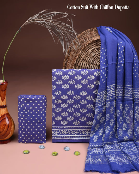 New Premium Hand Block Print Cotton Suit Set with Chiffon Dupatta(WACFCOTMU58)