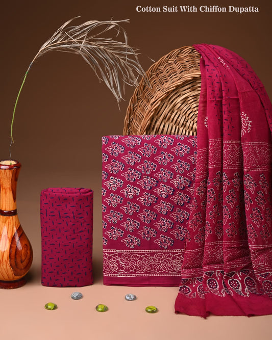 JAAL HAND BLOCK PRINT COTTON SUIT SET WITH CHIFFON DUPATTA(WACFCOTMU35)