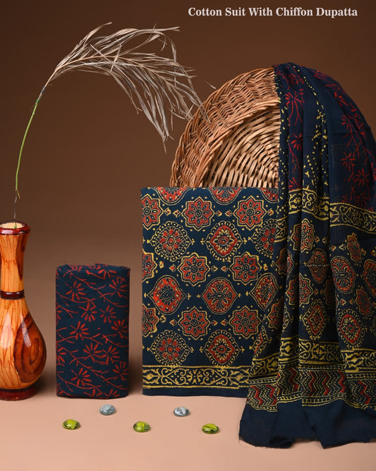 ELEGANT HAND BLOCK PRINT COTTON SUIT SET WITH CHIFFON DUPATTA(WACFCOTMU16)