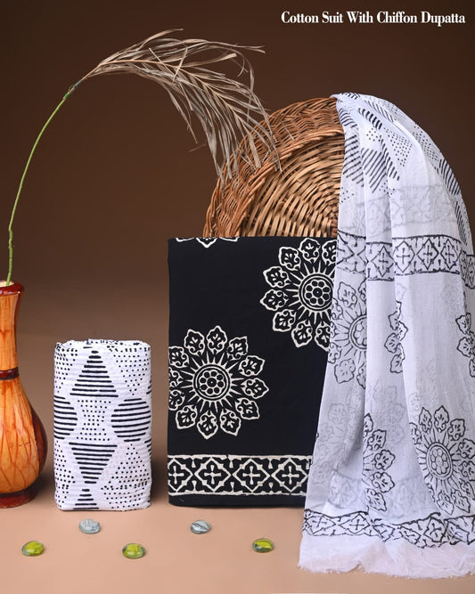Exclusive Hand Block Print Cotton Suit Set with Chiffon Dupatta(WACFCOTMU28)